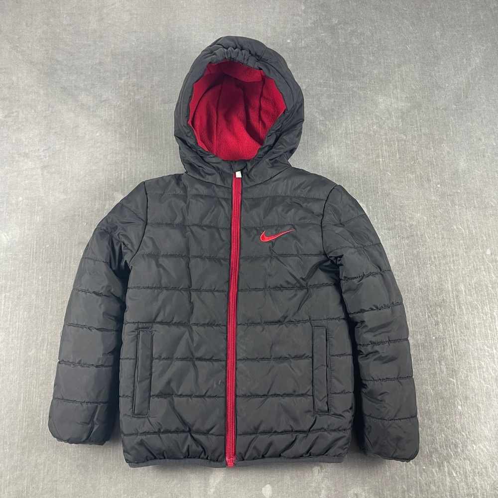 Nike Boys M 5-6 Black Puffer Jacket Red Fleece Lined Hooded Full Zip